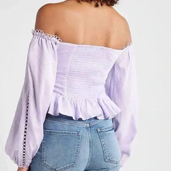 NWT Express Top Off The Shoulder Ruffle Corset Blouse Linen Blend Purple XS - Picture 3 of 11